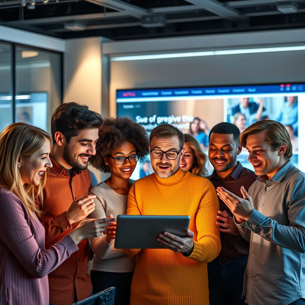 A group of diverse people interacting with a digital device, each showing different reactions of interest, surprise, and engagement, indicating a successful connection with the content. The background should be a modern office setting with a large screen displaying a captivating website.