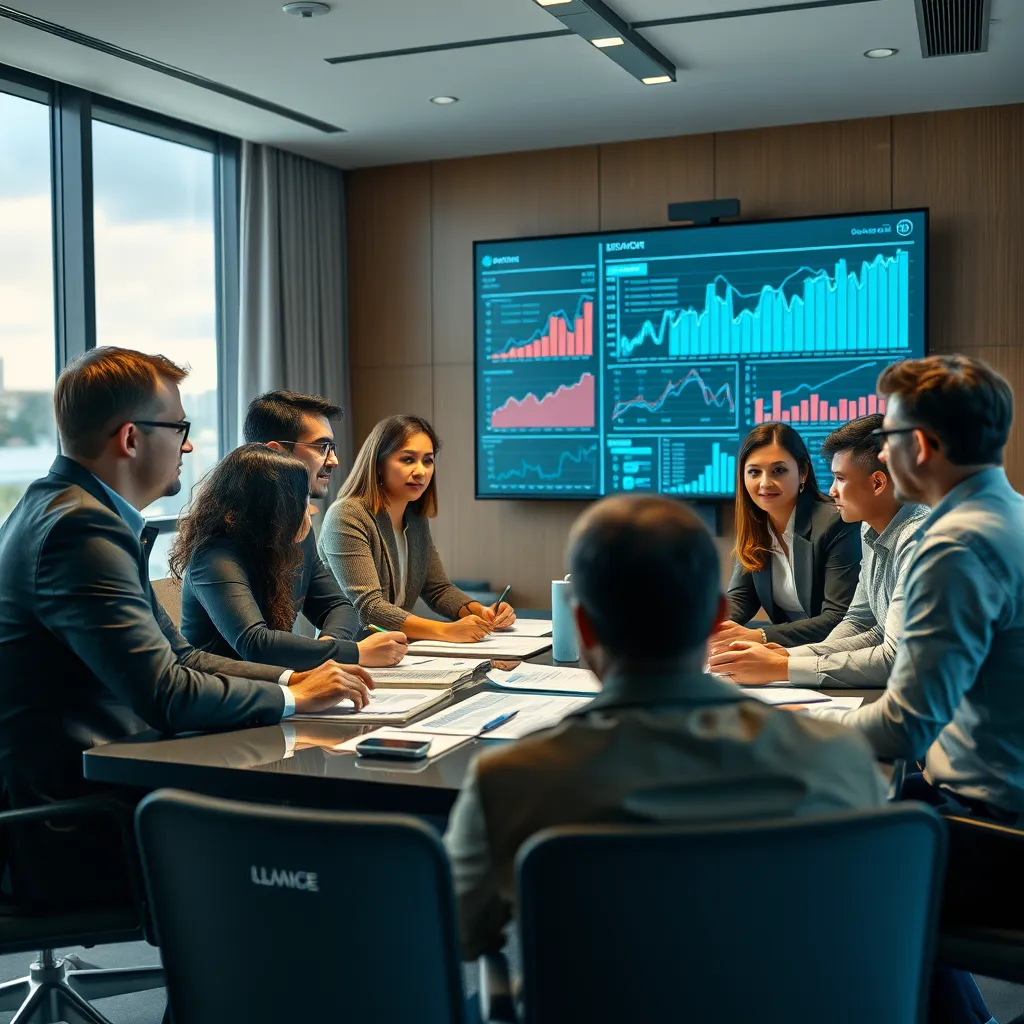 A group of diverse professionals collaborating around a table, reviewing data and graphs on a large screen, representing a business strategy meeting. The atmosphere is energetic and positive, with a focus on innovation and growth.