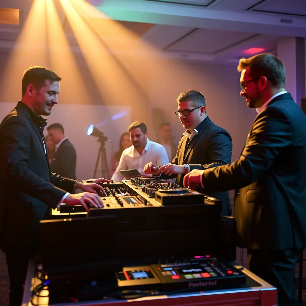 A group of DJs working together at a corporate event, setting up their equipment and interacting with each other. They are all wearing professional attire and exuding a confident and energetic aura. The image should capture the teamwork and professionalism of the SAITS4U DJ team.