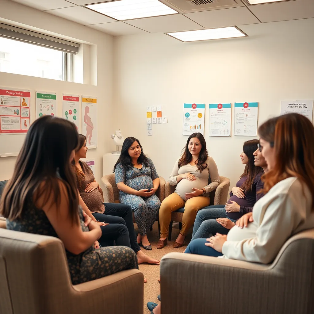 A group of expectant mothers engaged in a prenatal class, led by a midwife. They are actively participating in a discussion, sharing their experiences and questions. The room has a welcoming atmosphere, with comfortable seating, posters of pregnancy information, and a sense of camaraderie among the women.