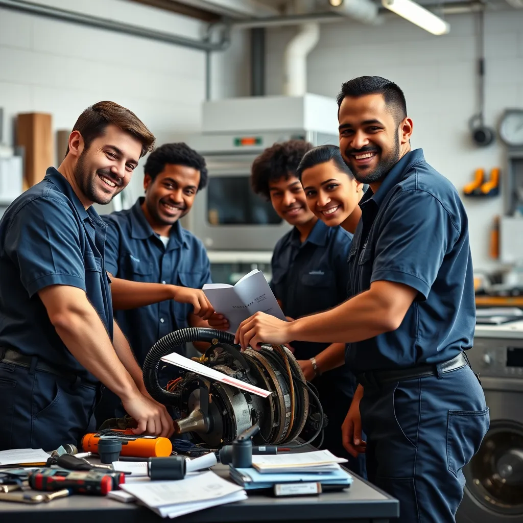 A group of friendly, diverse technicians wearing uniforms, smiling and working together on a complex appliance repair in a well-lit workshop. Tools, parts, and manuals are scattered around, highlighting their expertise and dedication to quality repairs.