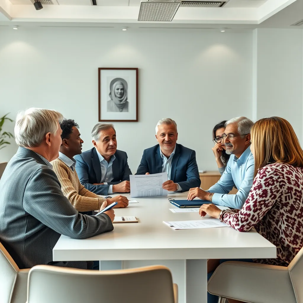 A group of people, diverse in age and background, sitting around a table with an insurance broker. The broker is explaining insurance concepts clearly and confidently, while the clients are listening attentively, nodding in understanding. The setting is a warm and inviting office space, with a sense of trust and security.