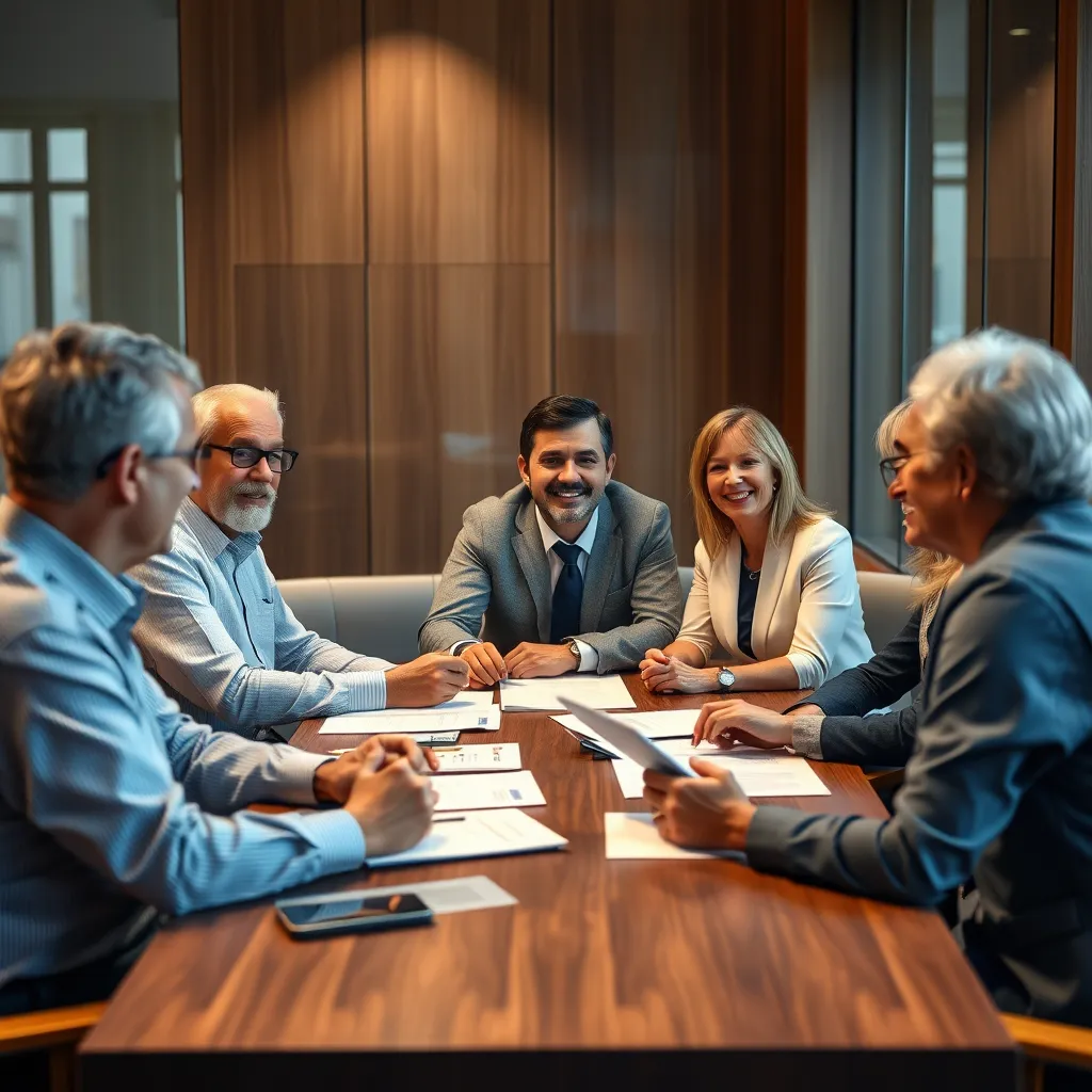 A group of people, including a friendly insurance broker, sitting around a table in a conference room. They are discussing insurance policies and documents, with a focus on ensuring the clients understand their coverage and options. The atmosphere should be positive and reassuring.
