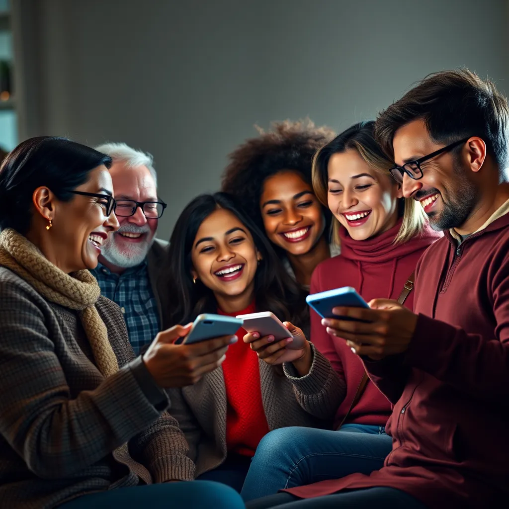 A group of people of diverse ages and backgrounds interacting positively with a brand's social media posts and online content. They are laughing, commenting, and sharing, showcasing the positive impact of SAITS4U's strategies on audience engagement.