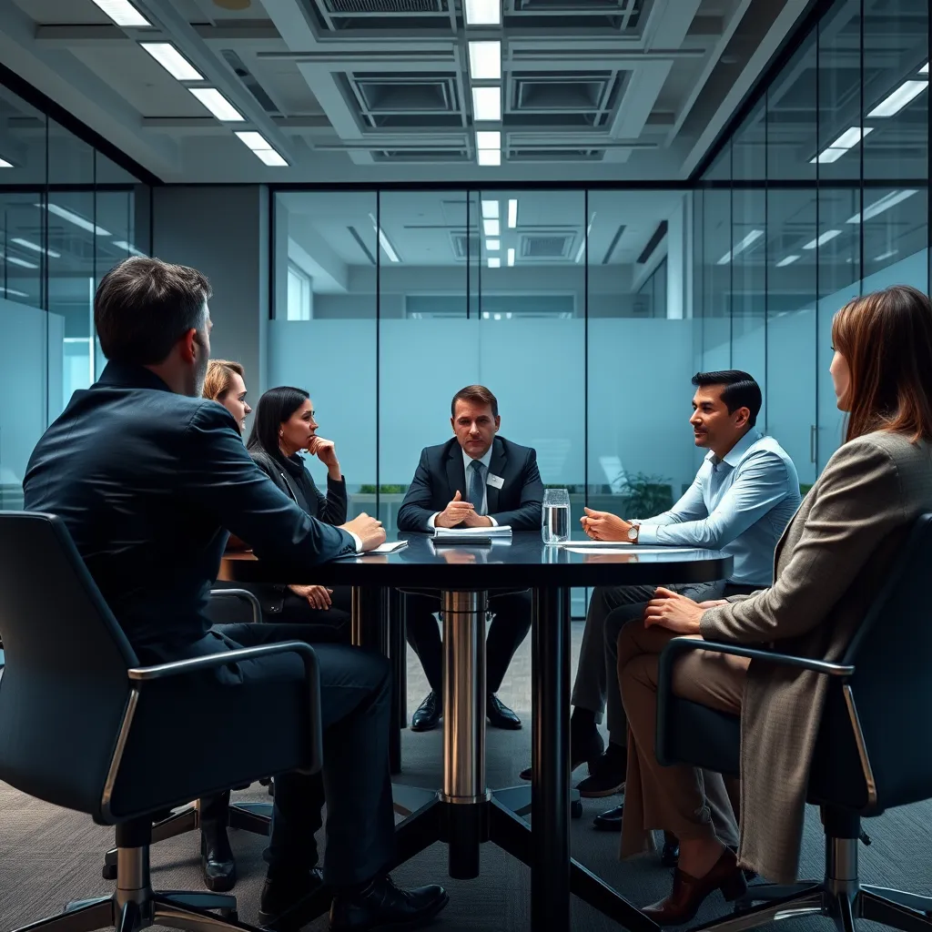 A group of people sitting around a table in a modern office, engaged in an interview process. The interviewer is asking questions while the candidates respond thoughtfully, showcasing their skills and experience. The image should highlight a professional and structured assessment environment.