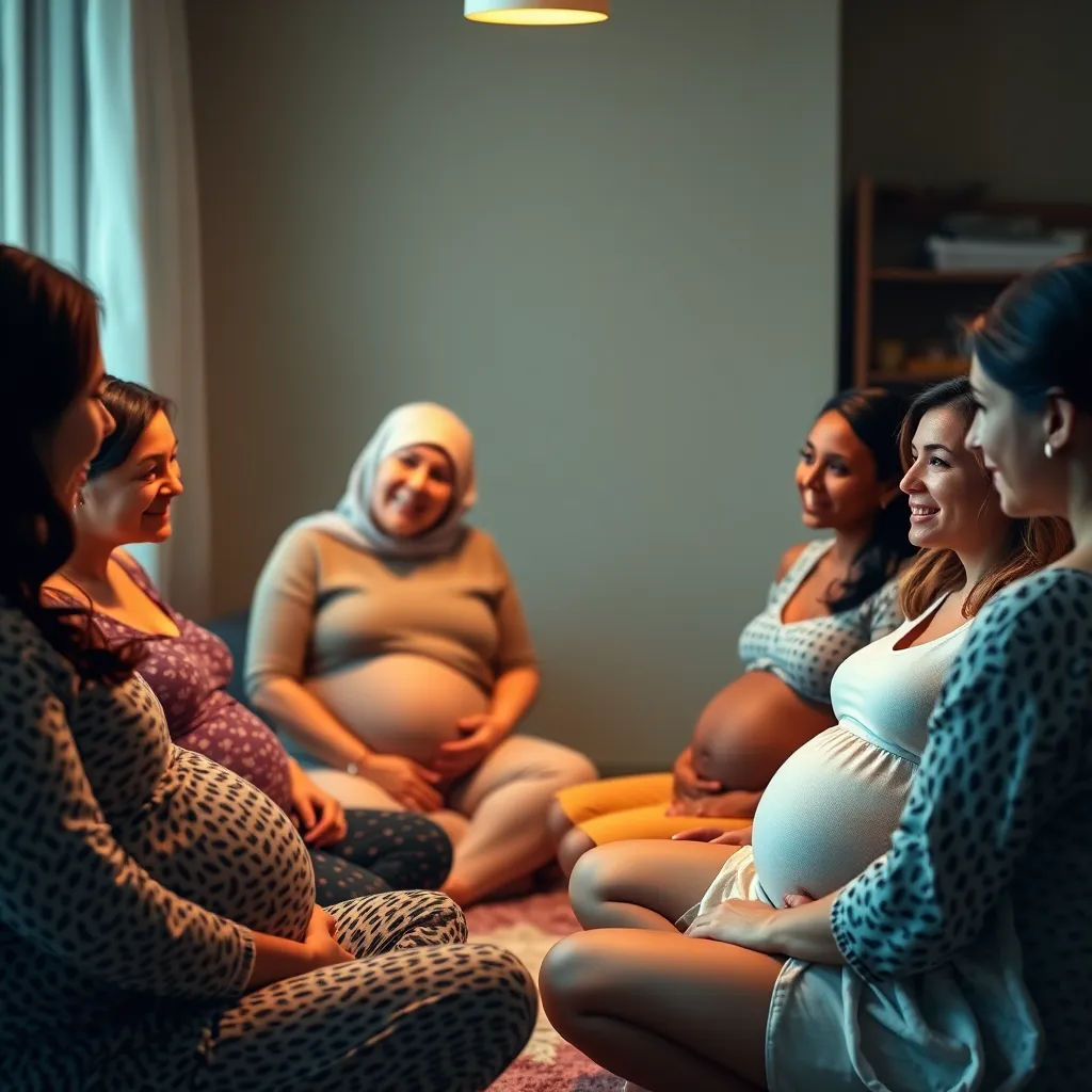 A group of pregnant women sitting in a circle, attentively listening to a midwife who is explaining a pregnancy-related topic. The women are all engaged and smiling, showcasing a sense of community and support.