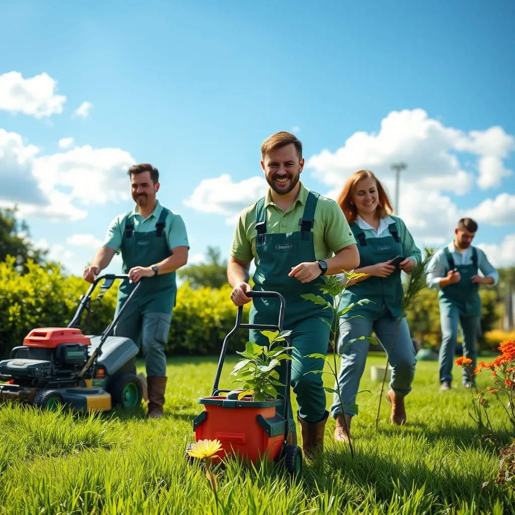 A group of smiling lawn care experts, wearing professional uniforms, working on a lush, green lawn. One expert is using a lawnmower, another is applying fertilizer, and another is inspecting plants for pests. The background is a beautiful, sunny day with a blue sky and white clouds.