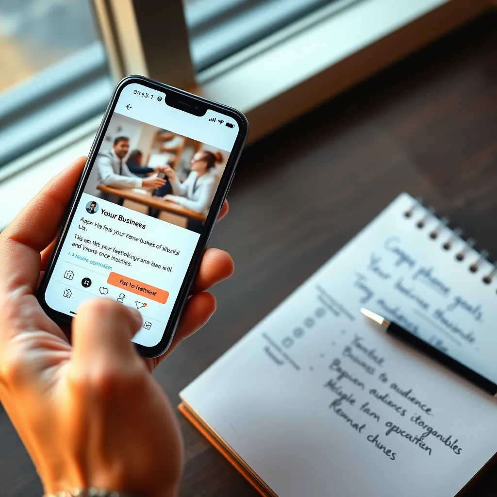 A hand holding a phone with a social media app open, displaying a business's profile with a clear call-to-action button, and a notepad with handwritten notes about business goals and target audience demographics.
