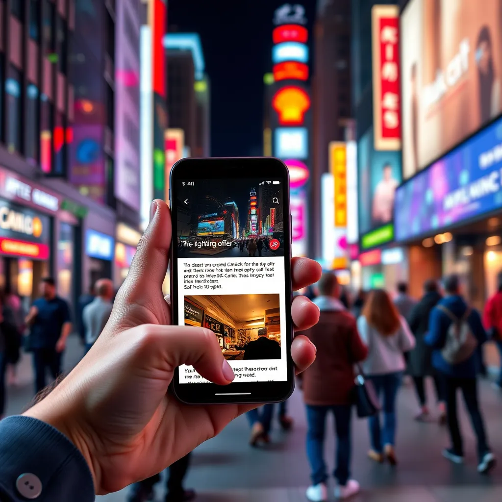 A hand holding a smartphone displaying a captivating email with an enticing offer and a visually appealing image. The background should be a vibrant, bustling city environment with people interacting and moving around.