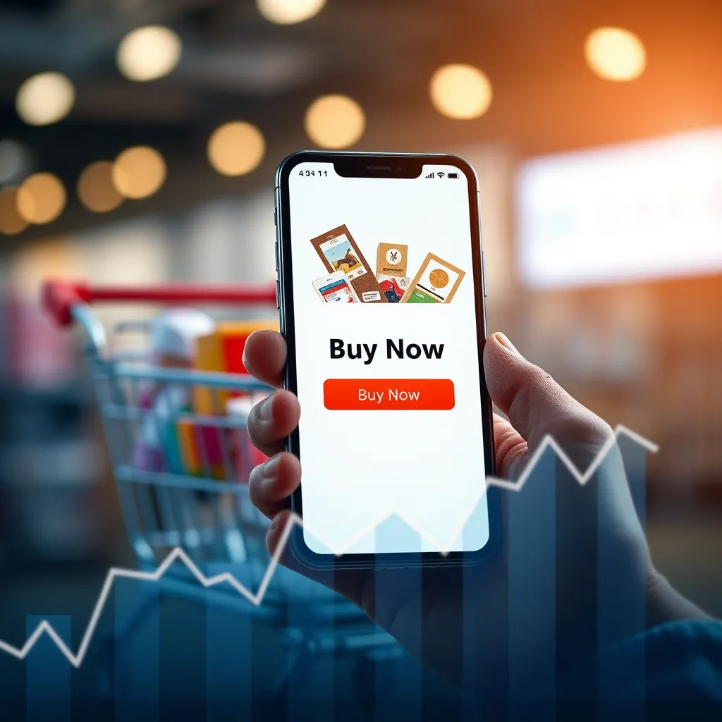A hand holding a smartphone displaying a product page with a 'Buy Now' button, with a shopping cart overflowing with various products in the background, a graph showcasing increasing sales and conversions in the foreground.