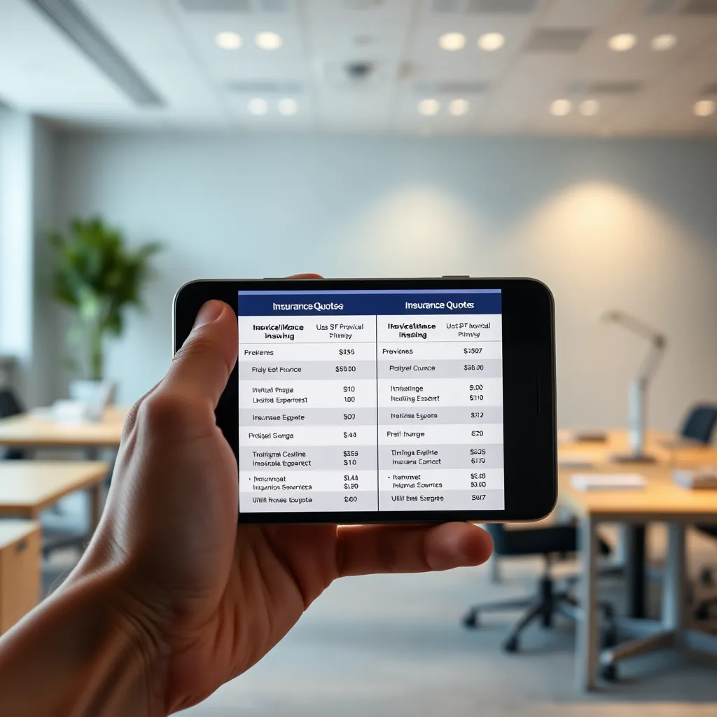 A hand holding a smartphone displaying a comparison of different insurance quotes side-by-side. The quotes are clearly labeled with provider names and key details. The background is a clean and modern office space with a subtle graphic representing financial data.