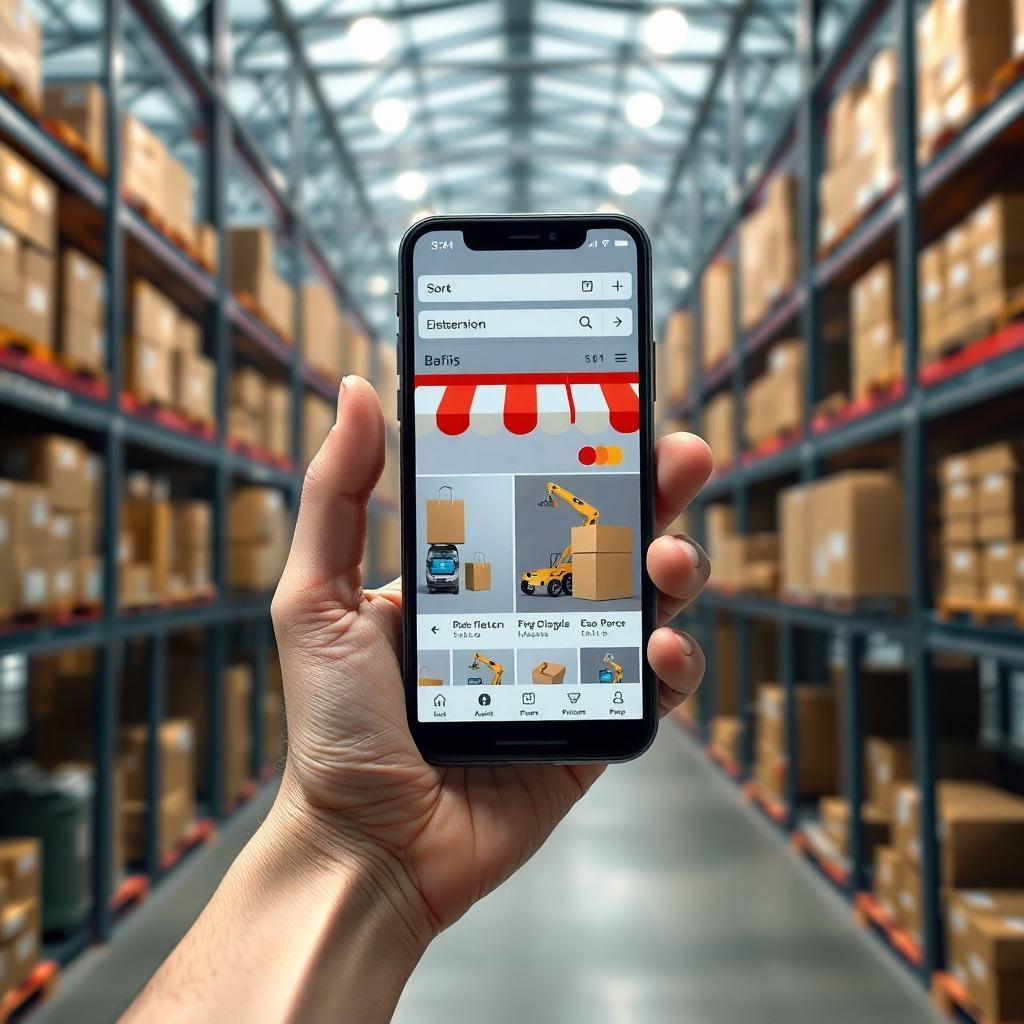 A hand holding a smartphone displaying an online store with products, with a background showing a warehouse with multiple packages being shipped.