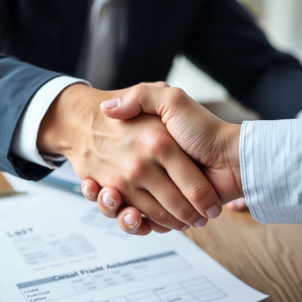A handshake symbolizing a successful loan agreement, with financial documents subtly blurred in the background. Convey trust and reliability.