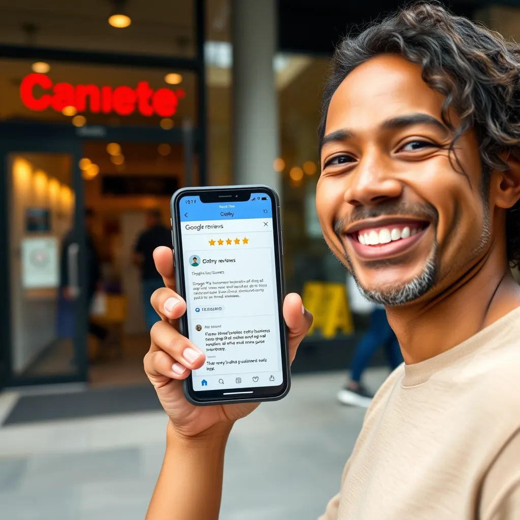 A happy customer holding a smartphone with a glowing review of a local business on a platform like Google My Business, displayed on the screen. The background shows the storefront of the business with people entering and exiting, showcasing the positive impact of online reviews.