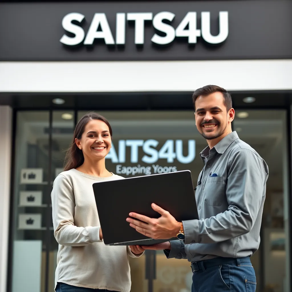 A happy customer smiling and interacting with a friendly technician who is holding a repaired laptop. They are standing in front of a sleek, modern storefront with the SAITS4U logo prominently displayed. The image should convey a sense of satisfaction and confidence in the service provided.