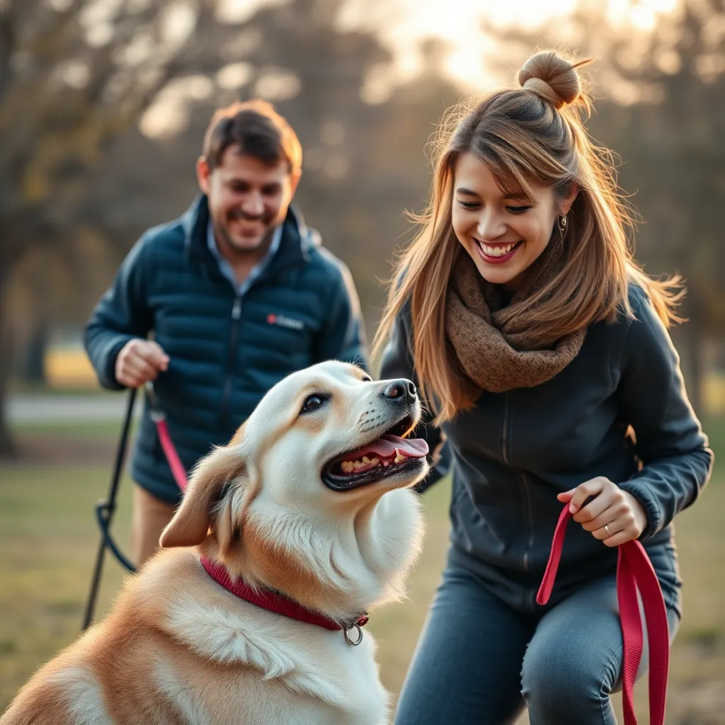 A happy dog owner smiling and interacting with their dog during a training session. The trainer is standing nearby, holding a treat and a leash. The background should be a serene park or a well-lit training facility.