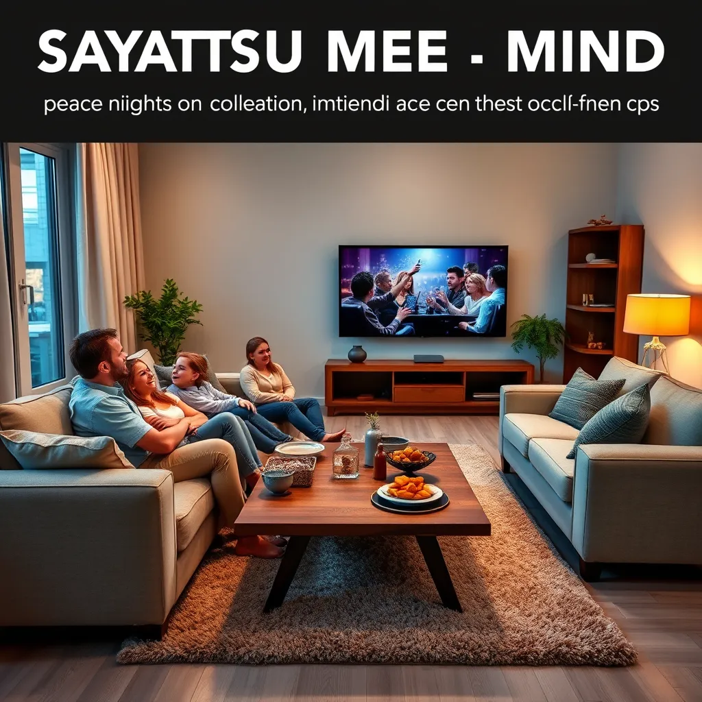 A happy family is relaxing in their living room, enjoying a movie night on a comfortable couch. The living room is spacious and well-lit, with a large flat-screen TV, a coffee table with snacks, and a plush rug. The room is impeccably clean, highlighting the peace of mind that comes with SAITS4U cleaning services.