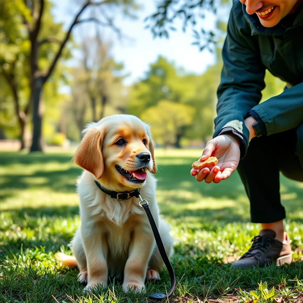 A happy golden retriever puppy sitting attentively in a park with a trainer holding a treat in their hand. The trainer is smiling and looking directly at the puppy, who is looking at the treat. The background is a sunny park with green grass and trees.
