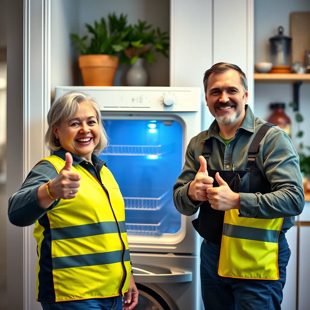 A happy homeowner, smiling and giving a thumbs up, with a technician standing next to them in front of a repaired appliance. The scene should depict a sense of relief and satisfaction, with a bright and welcoming atmosphere.