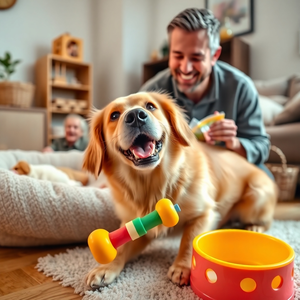 A heartwarming, playful image of a pet owner interacting with their dog in a cozy living room setting.  The dog, a playful Golden Retriever, is excitedly chewing on a colorful rubber chew toy, while the owner is looking on with a smile, holding a bag of dog treats.  The background features a soft, plush dog bed, a basket filled with dog toys, and a cheerful, brightly colored dog bowl. The lighting should be warm and inviting, creating a cozy and loving atmosphere.  The image should be captured at eye level with a wide-angle lens, focusing on the interaction between the owner and the dog, emphasizing the joy and companionship they share. Render the image in 8K resolution with hyperrealistic detail, capturing the softness of the dog's fur, the intricate details of the chew toy, and the warmth and textures of the home setting.  The overall mood should convey a sense of love, playfulness, and the special bond between pets and their owners.