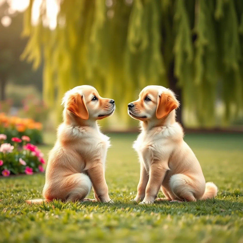 A heartwarming photorealistic image in a soft, warm color palette. A golden retriever puppy sits attentively, looking directly at its owner who holds a treat and gives the 'sit' command. The owner is kneeling on a soft, green grass lawn, surrounded by vibrant flowers and a gently swaying willow tree in the background. The lighting is soft and diffused, highlighting the puppy's eagerness and the owner's loving touch. The scene evokes a sense of calm, connection, and joy. 8K resolution, ultra-detailed textures, capturing the dog's fur and the natural elements with realism.
