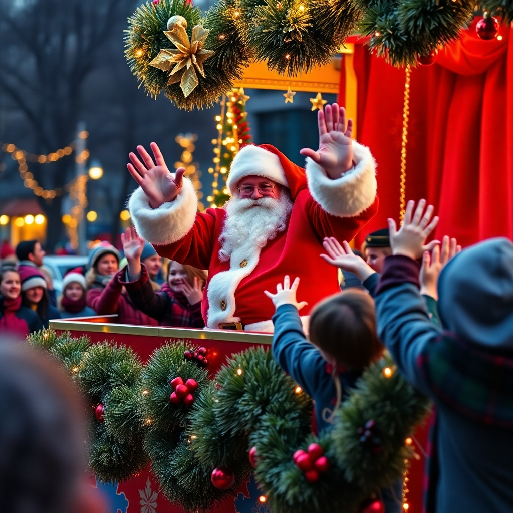 A heartwarming photorealistic image of Santa Claus waving from a decorated float in the Wilson Christmas parade. Children are excitedly waving back, surrounded by a cheerful crowd.  The float should be lavishly decorated with Christmas lights and ornaments. High resolution, detailed, sharp focus, cinematic lighting