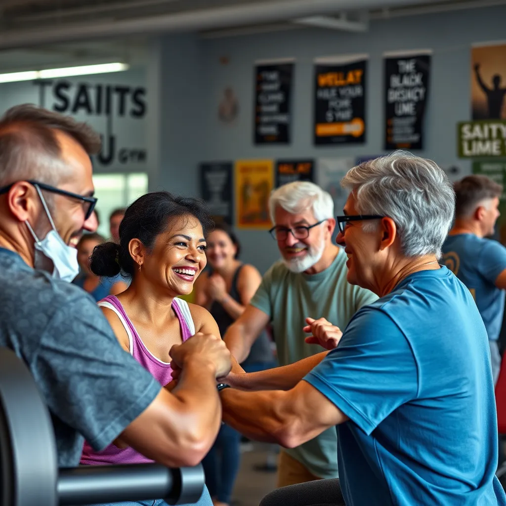 A heartwarming scene of people of different ages and backgrounds working out together at SAITS4U Gym. Show people smiling, encouraging each other, and celebrating their achievements. The gym should have a welcoming and inclusive atmosphere, with motivational posters and inspiring quotes displayed around the space.