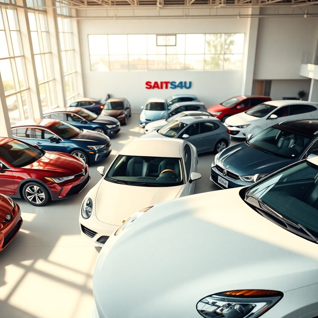 A high-angle, wide shot showcasing a showroom floor filled with a variety of shiny new and pre-owned cars of different makes and models, brightly lit with natural light streaming in from large windows. The cars should be meticulously clean and polished, reflecting the light.  The background should be clean and modern, with a subtle SAITS4U logo subtly visible in the background. The overall mood should be bright, clean and inviting, emphasizing the quality of the vehicles.