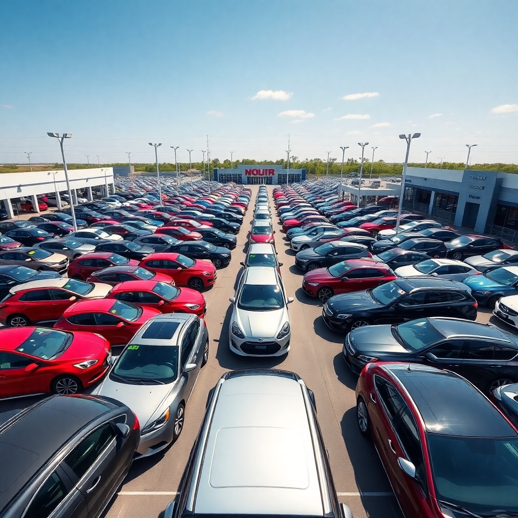 A high-angle, wide shot showcasing a large, well-lit car dealership lot filled with a variety of makes and models of new and used vehicles.  The cars should be gleaming and diverse in color, with clear, sunny skies overhead.  The image should feel spacious and inviting, emphasizing the sheer number of options available.