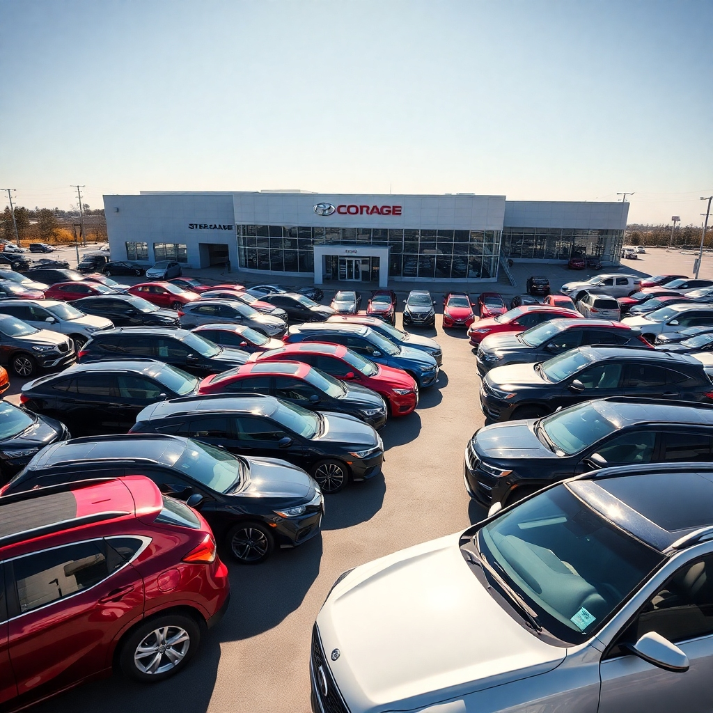 A high-angle, wide shot showcasing a large, well-lit car dealership lot filled with a variety of makes and models of cars, SUVs, and trucks.  The cars should be clean and gleaming under bright sunlight.  In the background, a modern, stylish dealership building is visible. The overall mood should be bright, positive, and convey abundance of choice.