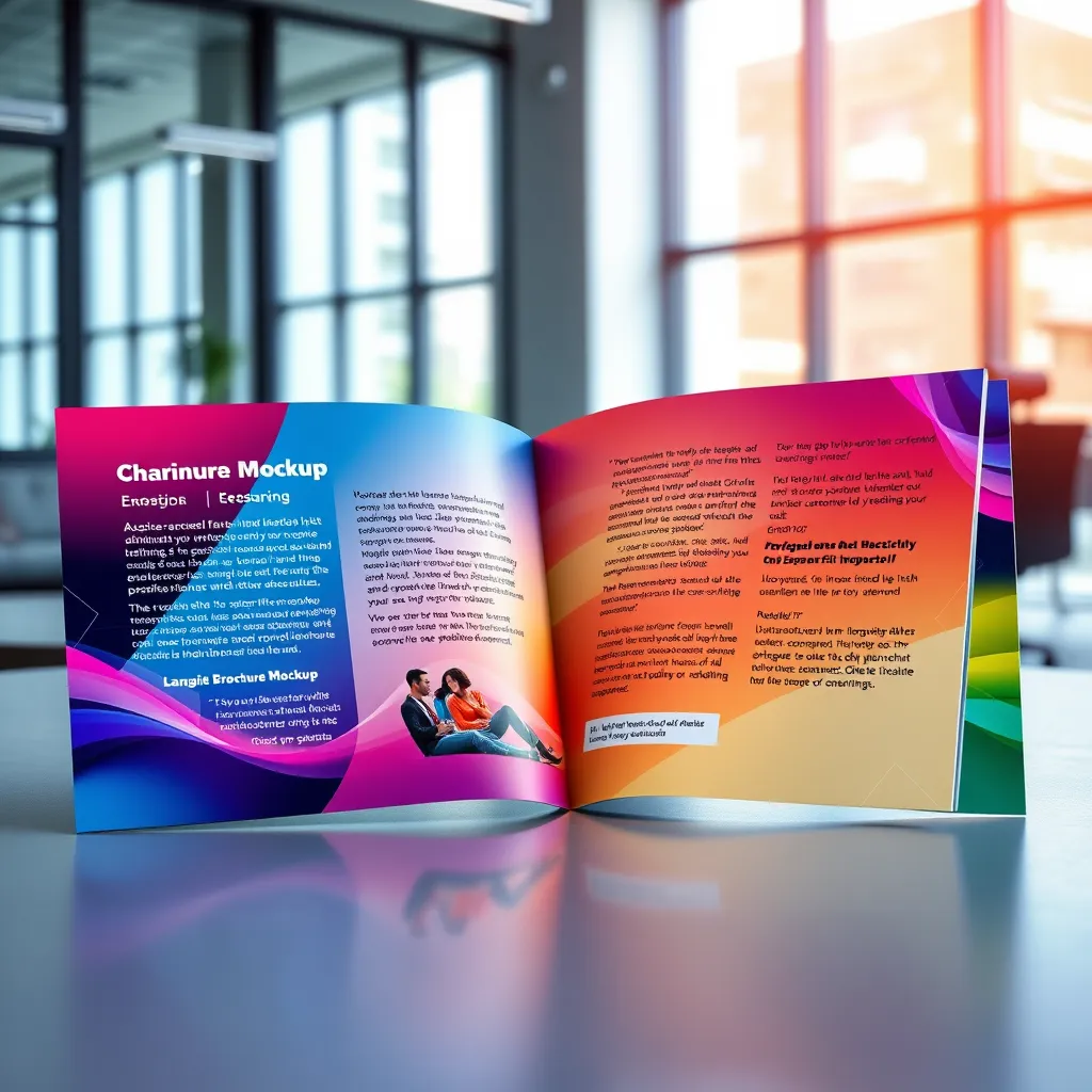 A high-quality brochure mockup with vibrant colors and captivating visuals showcasing a company's key offerings. The brochure should be open, revealing engaging copy that highlights benefits and includes a call-to-action. The background should be a professional office setting with natural light.