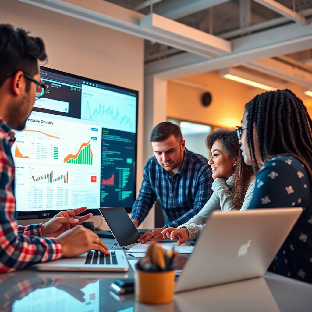 A high-quality image of a group of diverse people (developers, marketers, designers) collaborating on a website optimization project. The image should be set in a modern, tech-focused office with large screens displaying data analytics and search engine results pages. The lighting should be natural and bright, with a warm color palette. The team should be actively engaged in discussions, analyzing data, and brainstorming strategies. The image should be hyperrealistic and capture the energy and excitement of a successful SEO campaign.