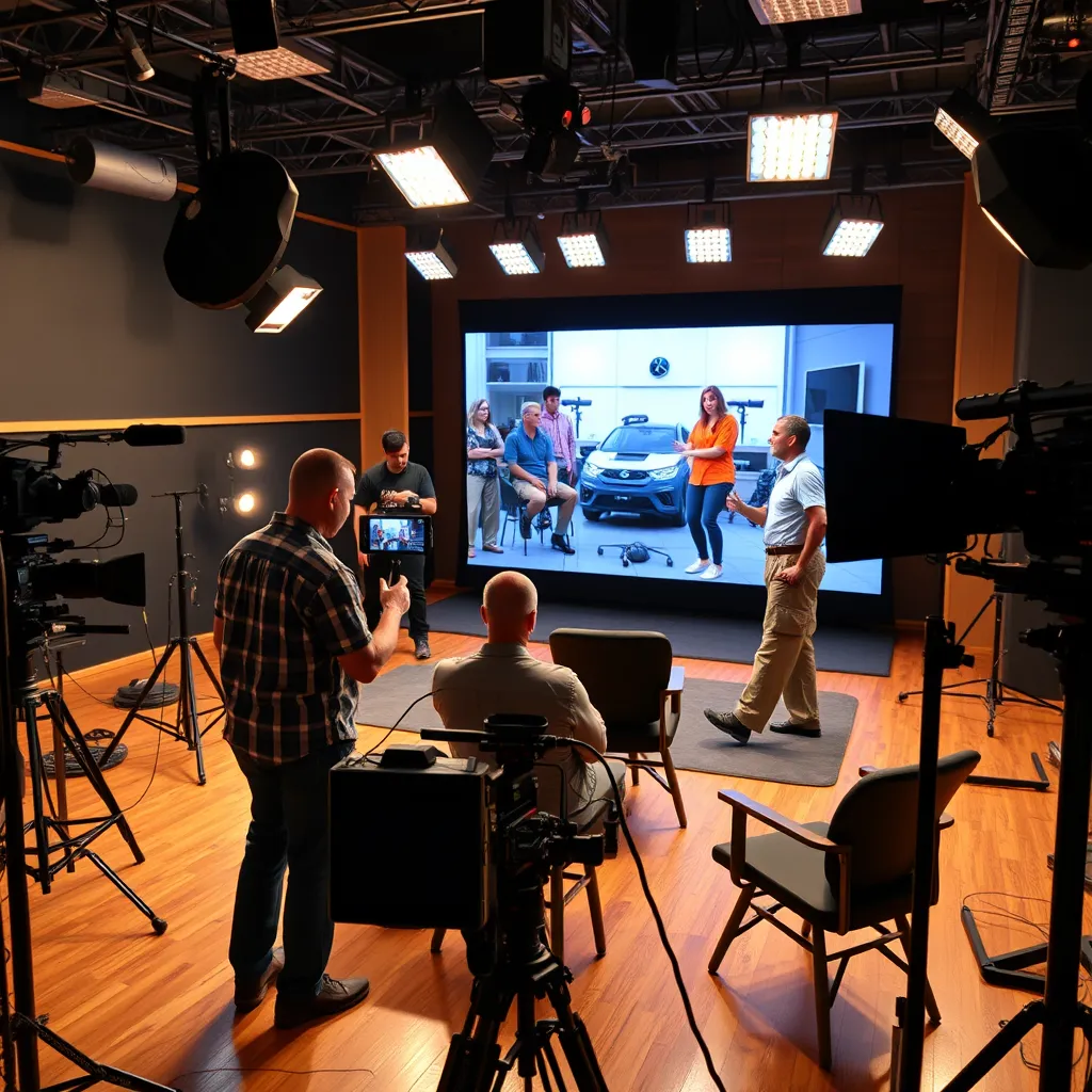 A high-quality video production studio with professional equipment, featuring a director working with actors on a set. The video screen displays dynamic footage of people interacting with a product, showcasing its benefits and features.
