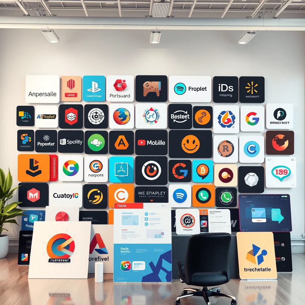 A high-resolution photorealistic image depicting a collection of diverse and eye-catching graphic designs. The designs should include logos, website mockups, social media graphics, and other visual elements. The background should be a clean and modern studio space, showcasing the creative process of graphic design.