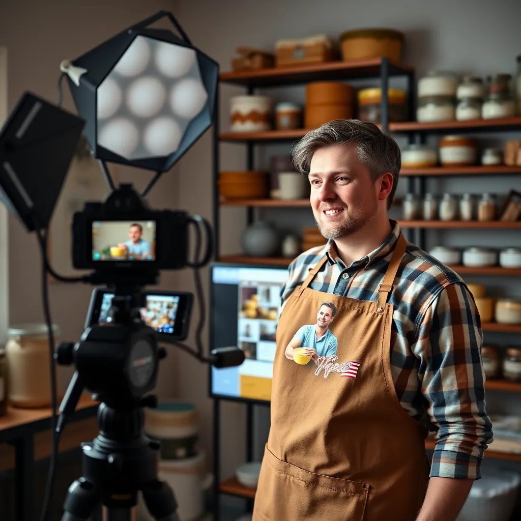 A home-based business owner, wearing a branded apron, is filming a product demonstration video in their home studio. The video is displayed on a large screen with a professional lighting setup. Behind the owner, shelves filled with handmade products, showcasing the home-based business's unique offerings.
