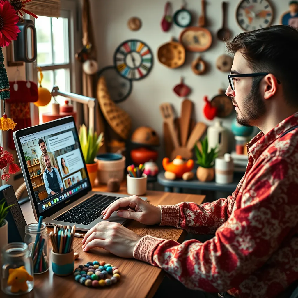 A home-based business owner is having a live Q&A session on social media, interacting with followers in real-time. The owner is sitting at their home office desk, surrounded by colorful, handmade crafts,  and a laptop displaying the live stream with active comments and reactions.