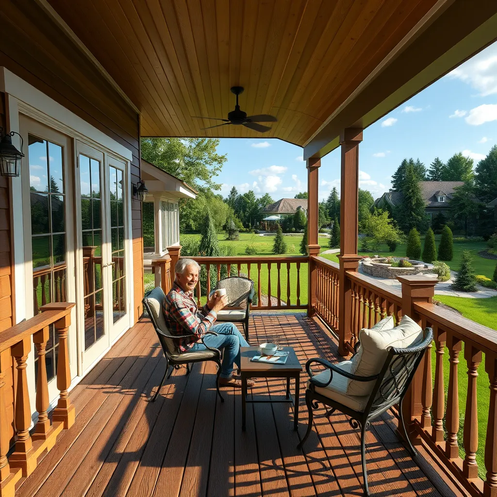 A homeowner enjoying a cup of coffee on a spacious wooden deck overlooking a beautifully landscaped backyard. The deck should have elegant railings, comfortable seating, and be surrounded by lush greenery. The image should capture a sense of peace and tranquility.