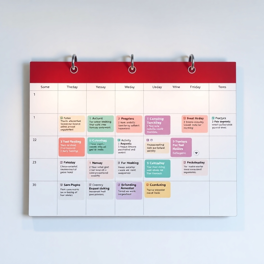 A hyperrealistic illustration of a calendar with multiple activities clearly categorized for work-life balance, featuring soft lighting and a calm color scheme.