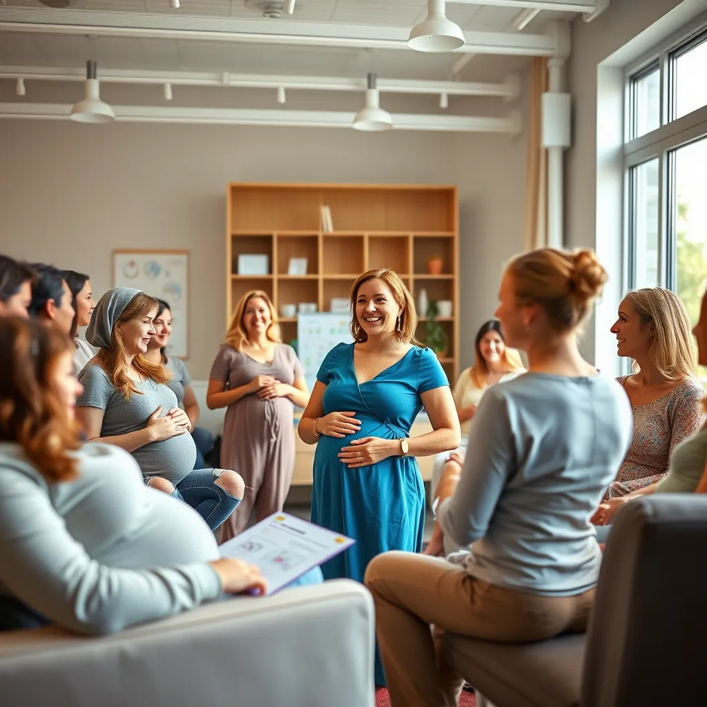 A hyperrealistic image (8K resolution) depicting a group of expectant mothers gathered in a bright, welcoming space, engaging in a prenatal lactation education class. The image should capture the vibrant energy of the group, with each woman radiating excitement and anticipation. The instructor, a skilled and experienced lactation consultant, should be at the forefront, confidently leading the class and sharing valuable insights. The setting should be a modern and spacious classroom with comfortable seating, natural light streaming in through large windows, and soft, soothing colors throughout. The image should showcase a variety of interactive learning elements, such as charts, diagrams, and props that visually enhance the educational experience. The camera angle should capture the engaging atmosphere of the class, focusing on the interactions between the instructor and participants. The lighting should be natural and balanced, highlighting the warmth and welcoming nature of the space. The overall mood should be one of positivity, empowerment, and knowledge-sharing. The image should reflect the vibrant and supportive atmosphere of SAITS4U Lactation Consulting.