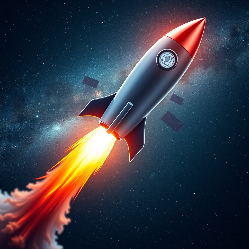 A hyperrealistic image depicting a rocket launching into space, symbolizing growth and expansion. The rocket is fueled by affiliate marketing strategies, represented by icons like social media shares, content creation, and email marketing. The background should be a starry night sky with a vibrant galaxy. Use a dramatic and inspiring lighting scheme with bright colors to convey the excitement of achieving success.