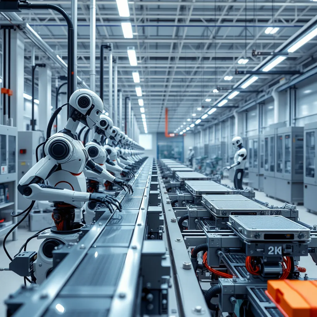 A hyperrealistic image depicting a smooth, streamlined production line with a focus on automation and efficiency. The scene should feature robots and advanced machinery working in tandem with human workers, seamlessly collaborating to produce a high-quality product. The lighting should be bright and crisp, highlighting the precision and accuracy of the process. The image should convey a sense of precision, organization, and productivity.  Style reference: Industrial photography with a futuristic twist, emphasizing the interplay between human and technological elements.  Details: The production line should feature a clear visual flow of materials, with a focus on eliminating bottlenecks and maximizing output.  Materials: The machinery should be sleek and futuristic, with a blend of metallic and glass components.  Background: The background should be a clean and modern factory setting, with a focus on showcasing the technological advancements driving the efficiency of the process.