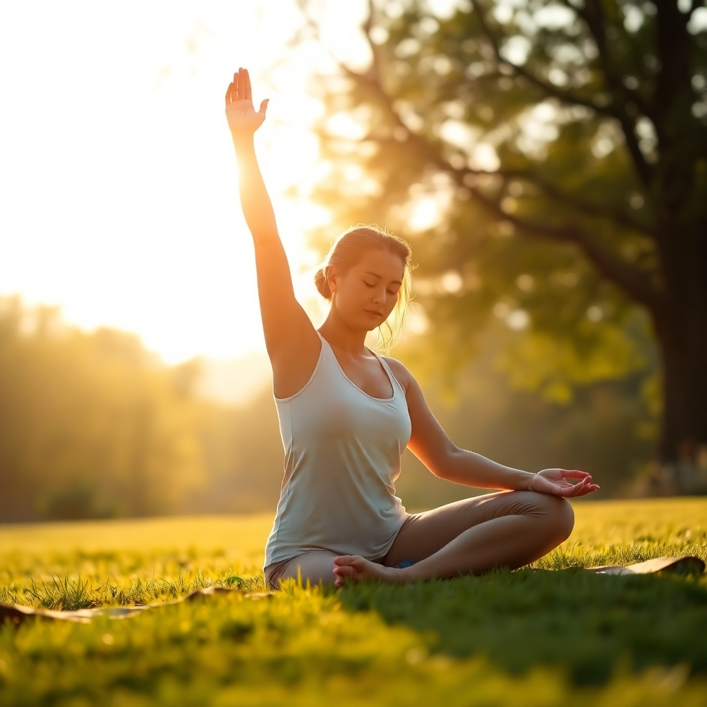 A hyperrealistic image of a person practicing yoga or meditation in a tranquil outdoor setting, bathed in soft morning light. The style should be peaceful and serene, conveying the sense of calm and mindfulness. Focus on fine texture details, conveying a sense of well-being and tranquility.