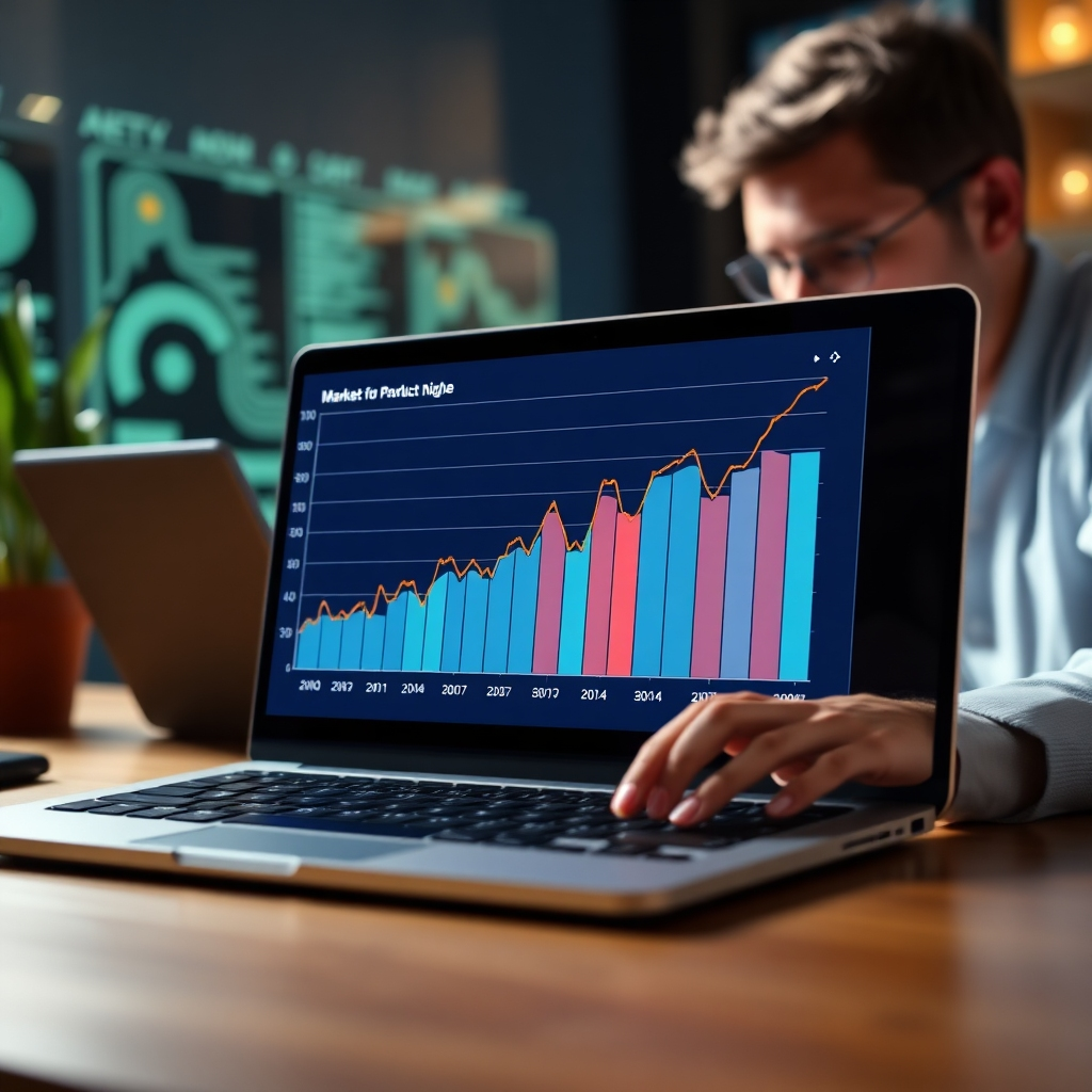 A laptop displaying a graph showing market trends for a specific product niche, with a person in the background researching and analyzing data.