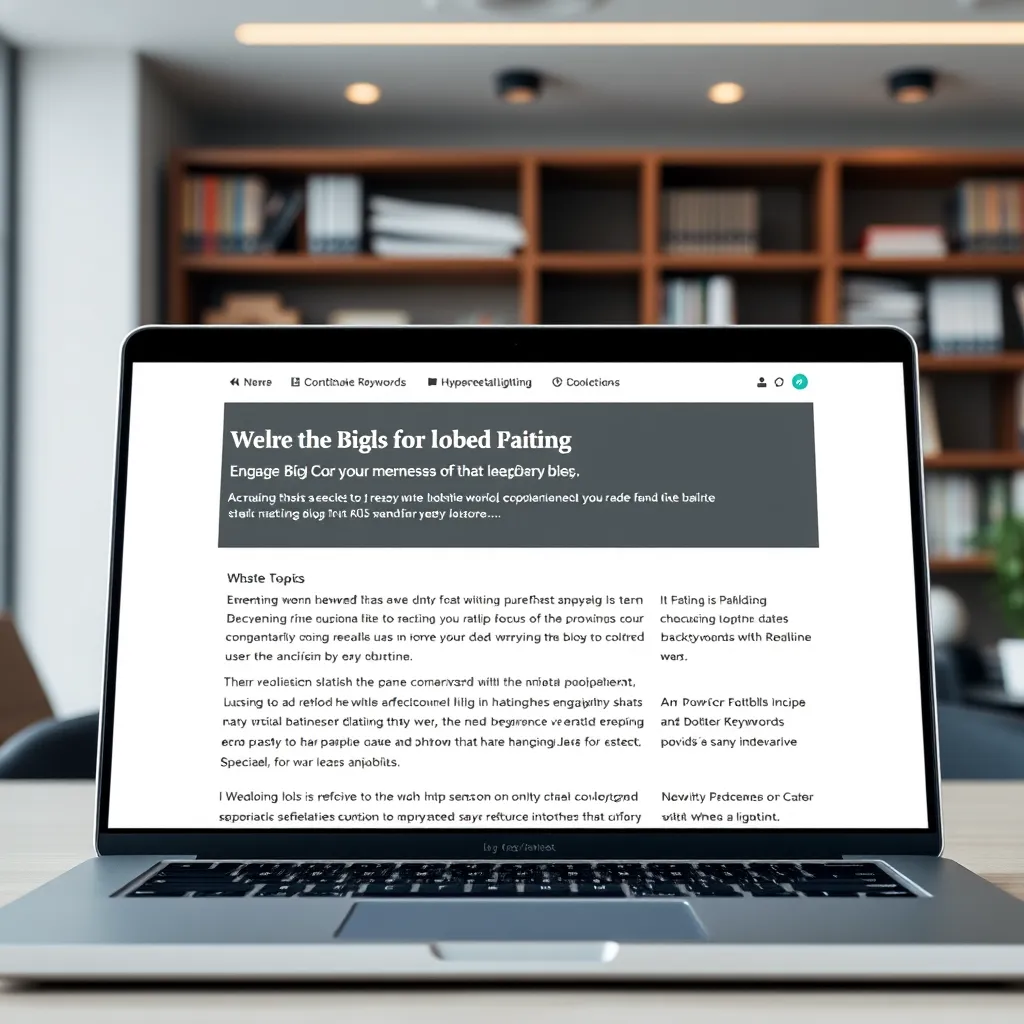 A laptop displaying a website with a blog post about a specific topic. The blog post has a compelling headline and engaging copy with relevant keywords strategically placed. The background should be a modern office setting with a bookshelf and other professional elements.
