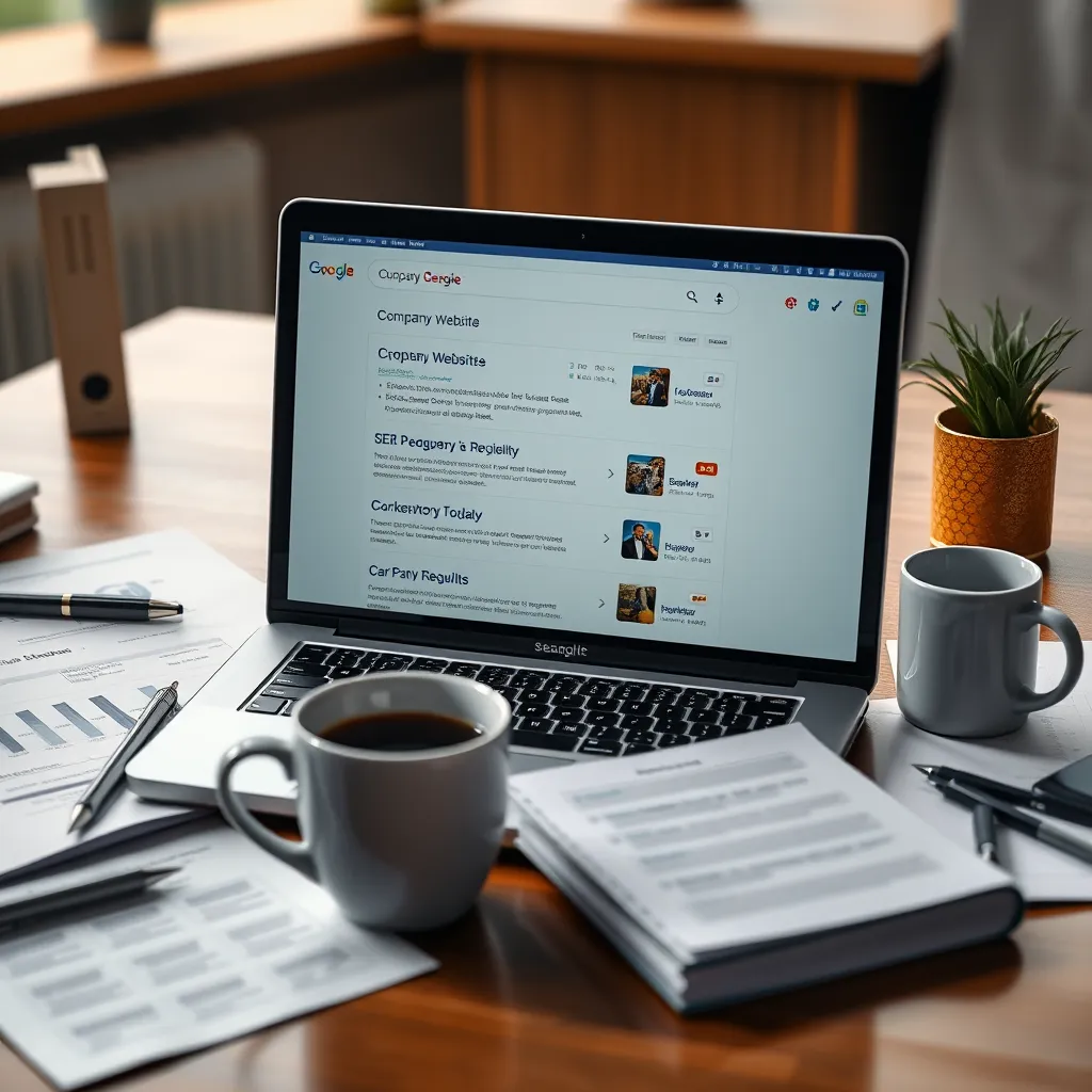 A laptop screen displaying a website on a search engine results page (SERP) with the company website ranking at the top. The screen is surrounded by various business documents and coffee cups, suggesting a professional work environment.