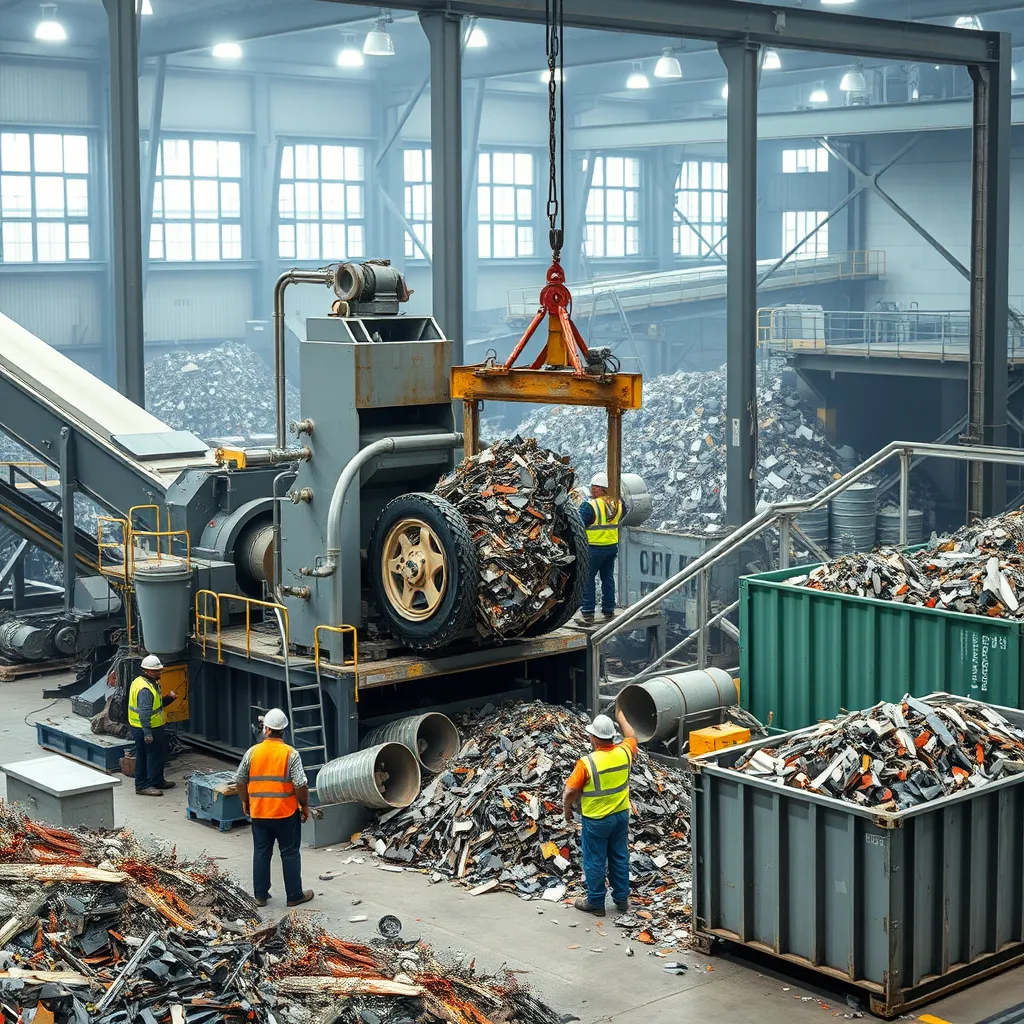A large industrial facility with modern equipment processing scrap metal, such as a metal shredder and a conveyor belt. Workers in protective gear are operating the machinery, while a crane lifts a large chunk of scrap metal into the shredder. In the background, there are piles of sorted scrap metal and a large container filled with recycled materials.