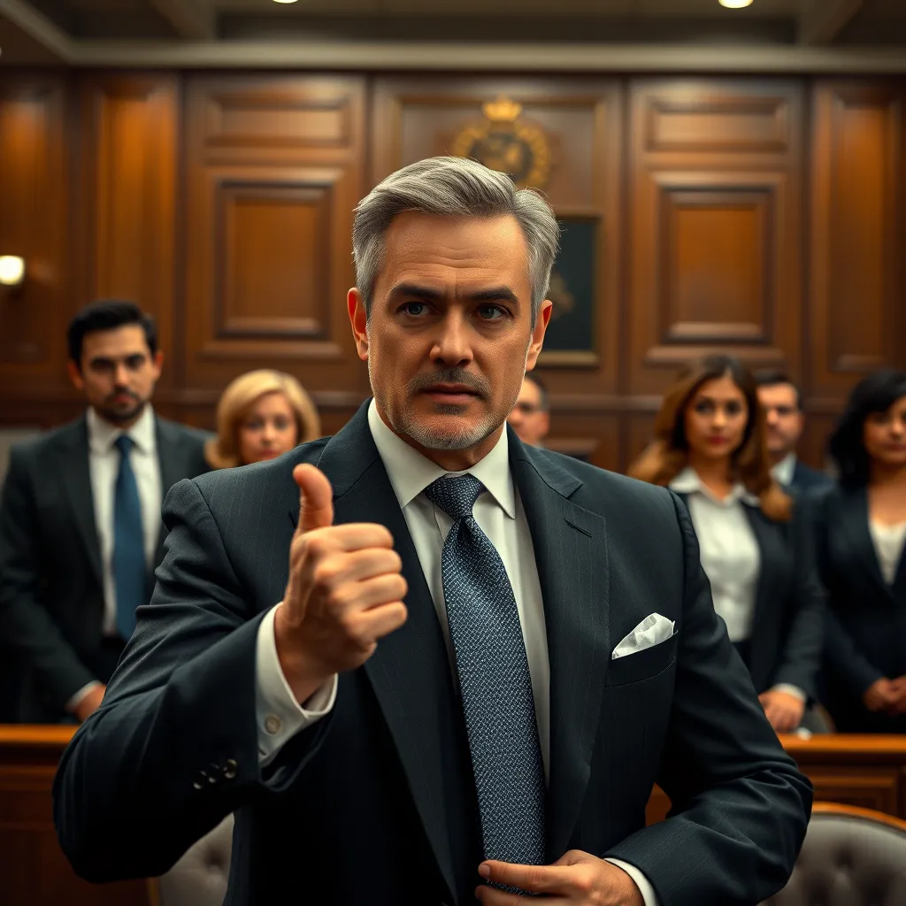 A lawyer confidently presenting a case in a courtroom, with a determined expression and a group of supportive colleagues behind them. The scene should emphasize the lawyer's skill and confidence, suggesting a successful legal outcome for the client.