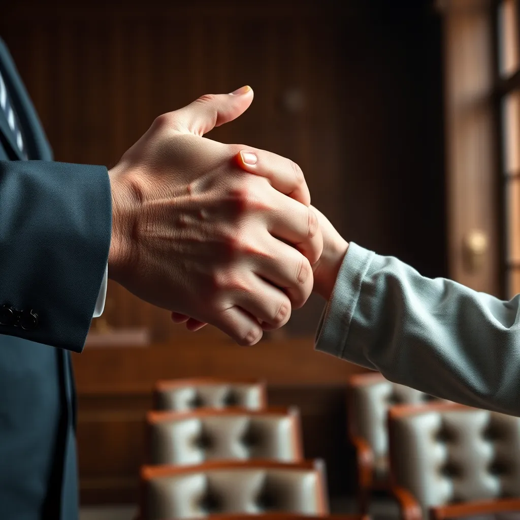 A lawyer holding a hand with a client, conveying a sense of trust and support. The background should show a courtroom or law firm office, highlighting the collaborative and supportive nature of their legal services.