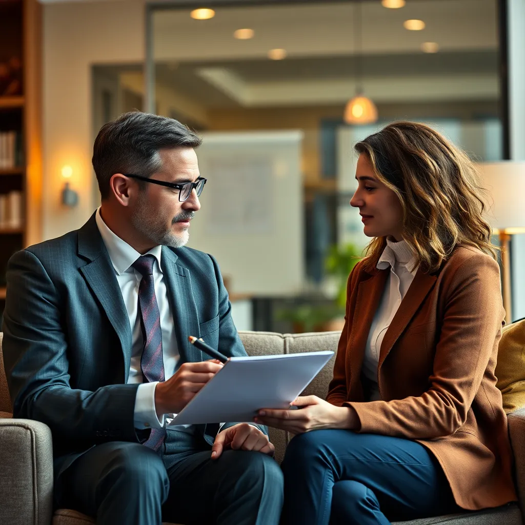 A lawyer in a suit, listening attentively to a client in a casual outfit. They are seated in a comfortable office setting, with a warm and welcoming atmosphere. The lawyer is holding a pen and notepad, making notes as the client speaks.