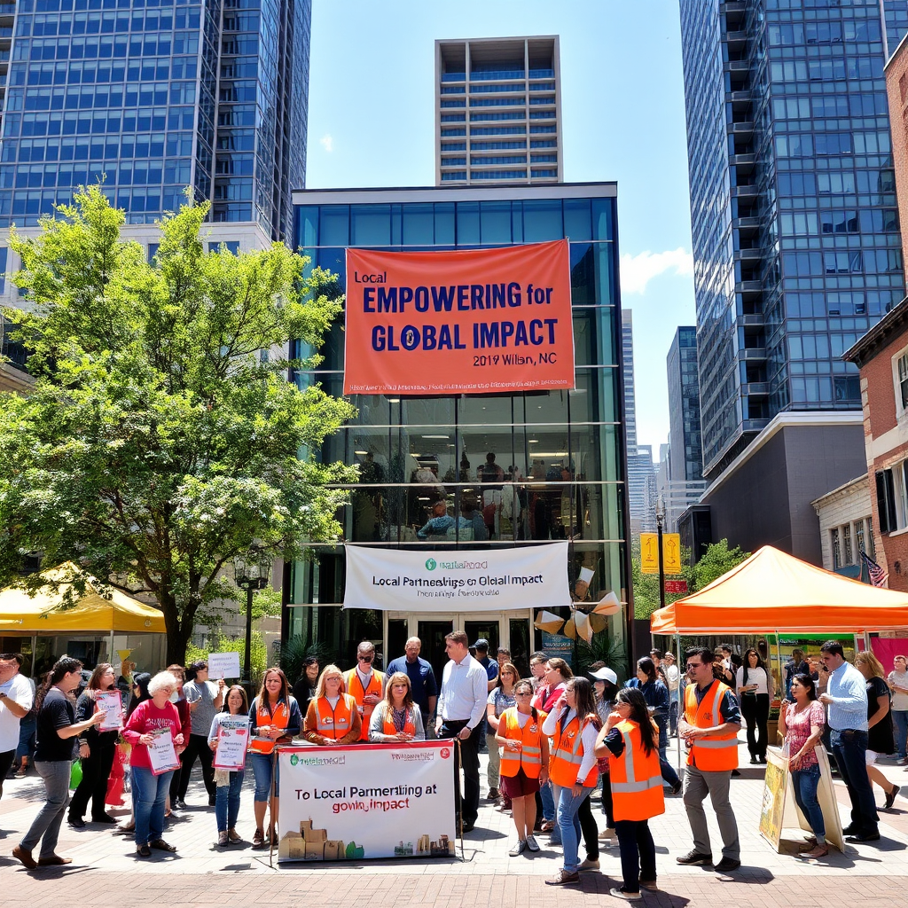 A nonprofit organization's headquarters in a vibrant, sun-drenched city square, with a modern glass and steel building serving as the backdrop, surrounded by lush greenery and a mix of towering skyscrapers and quaint, historic buildings, as a diverse group of community members, including children, seniors, and professionals, gather in front of the entrance, holding signs and banners that read "Empowering Our Community" and "Together for a Brighter Future", while a few volunteers in bright orange vests are busy setting up a charity fair with colorful booths, games, and food stalls, and a large banner that reads "Local Partnerships for Global Impact" hangs from the building's facade, as a sense of warmth, inclusivity, and hope fills the air, with the sounds of laughter, chatter, and live music drifting through the scene.